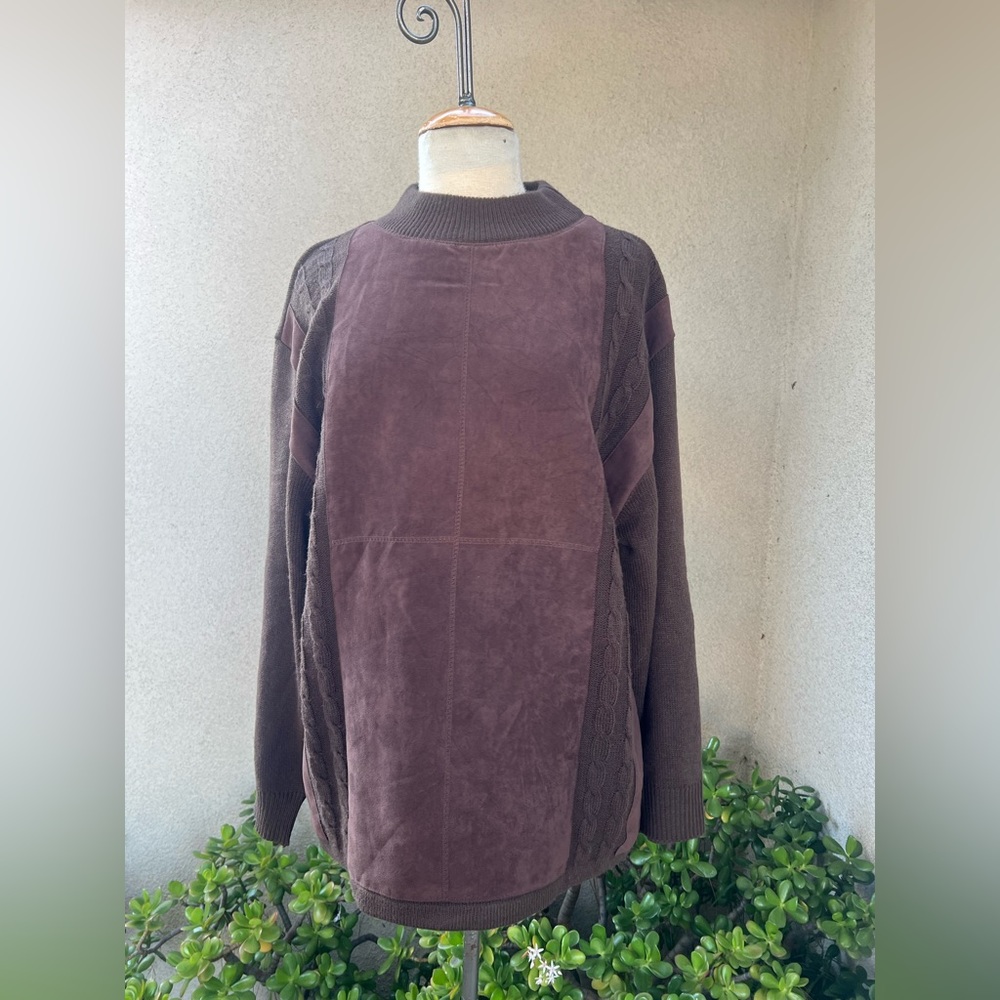 Vintage men’s brown sweater pullover faux suede Sz L by Alberto Celini